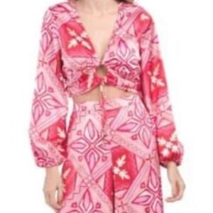Caroline Constas Pink Tribal Print V Neck Ring Detail Crop Top Long Sleeve Large